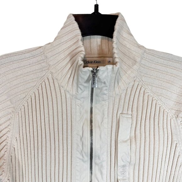 Calvin Klein Cardigan L Womens Cream Full Zip Mock Neck Ribbed Sweater Sz Large - Picture 5 of 9